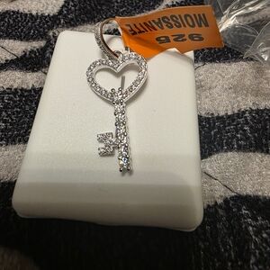 Silver Heart Key Pendant with Crystals